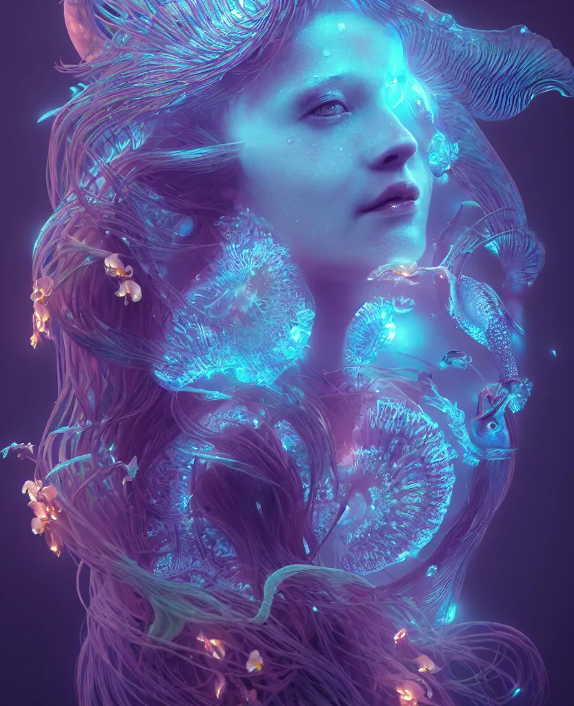 Image similar to goddess close-up portrait. jellyfish phoenix head, nautilus, orchid, skull, betta fish, bioluminiscent creatures, intricate artwork by Tooth Wu and wlop and beeple. octane render, trending on artstation, greg rutkowski very coherent symmetrical artwork. cinematic, hyper realism, high detail, octane render, 8k