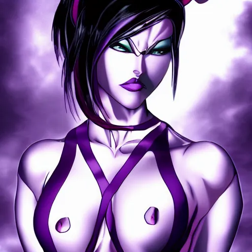 Image similar to psylocke from xmen in a dark anime horror, dark manga style realistic, photo taken by the death purple god