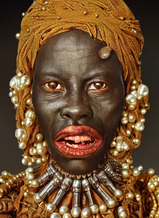 Image similar to hyperrealism, detailed textures, award winning autochrome african colonial 1 9 0 5 photo, symetrical africanpearl old screaming medusa queen autochrome pearl portrait, pearl silverplate, intricate, detailed facial pearl scary animal mask, pearl, golden jewelery, silverplate, ultra realistic, cinematic, intricate, cinematic light by steve mccurry, unreal engine 8 k