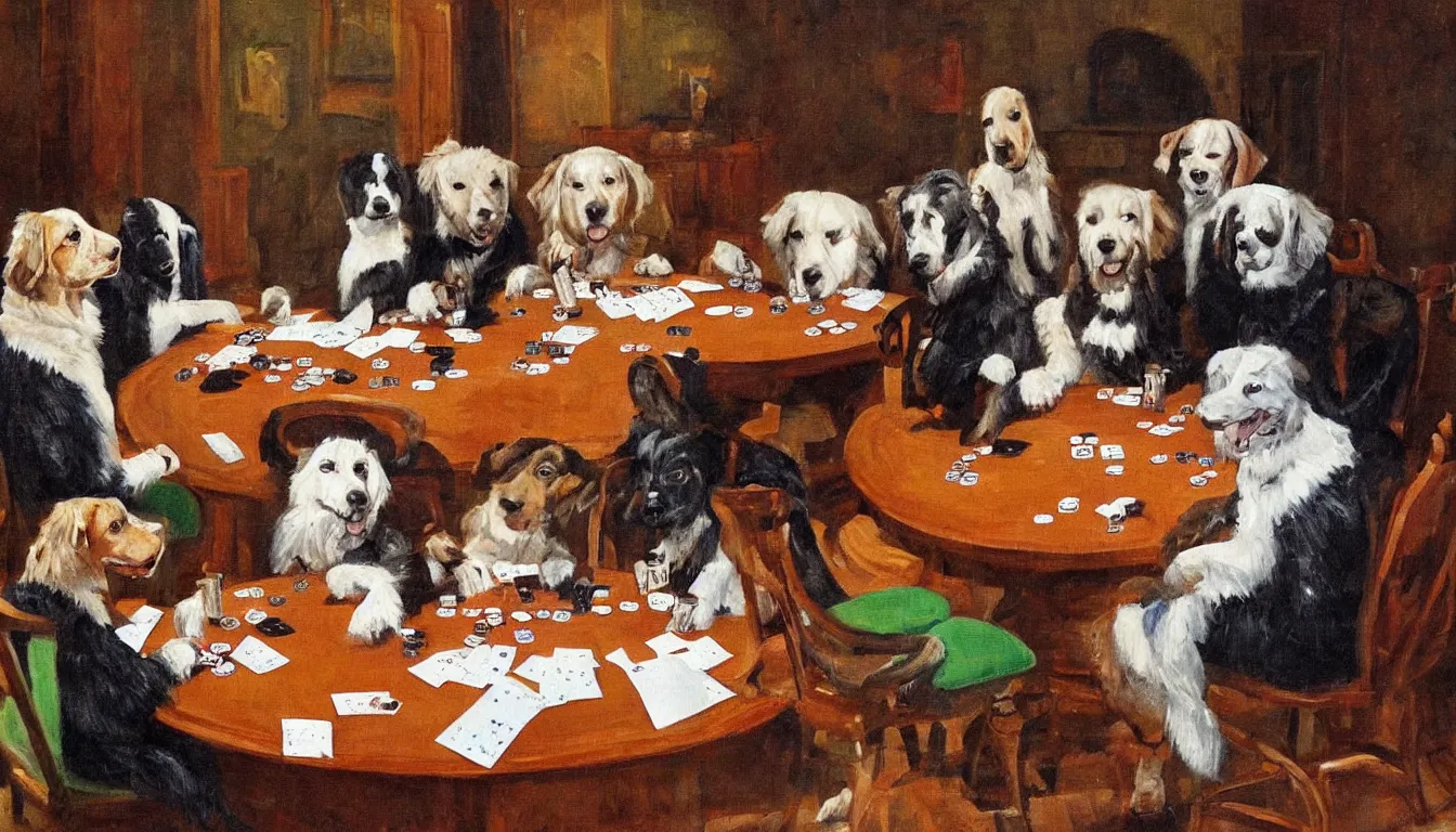 Prompt: A painting of some dogs sitting round a table playing poker