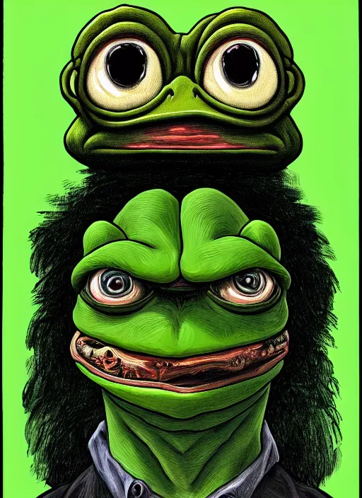 Prompt: pepe the frog by matt furie!!!, male, sad, depressed, portrait, intricat, highly detailed, digital painting, artstation, concept art, wallpaper, smooth, sharp focus, illustration, art by h. r. giger and artgerm and greg rutkowski and alphonse mucha