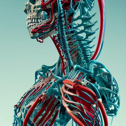 Prompt: Portrait of the reproductive organs of a woman with many biomechanical details wrapped in bones, full lenght view. white plastic, skull, muscles, tumors, veins, !!!Vogue magazine!!! halo. octane rendering, cinematic, hyperrealism, octane rendering, 8k, depth of field, bokeh. iridescent accents. vibrant. teal gold and red color scheme, 8k