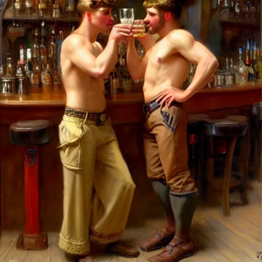 Image similar to attractive maculine male with brunet hair and attractive masculine male with blond hair. pants and shorts, drinking their hearts out, in a pub. highly detailed and very defined painting by gaston bussiere, j. c. leyendecker, craig mullins 8 k