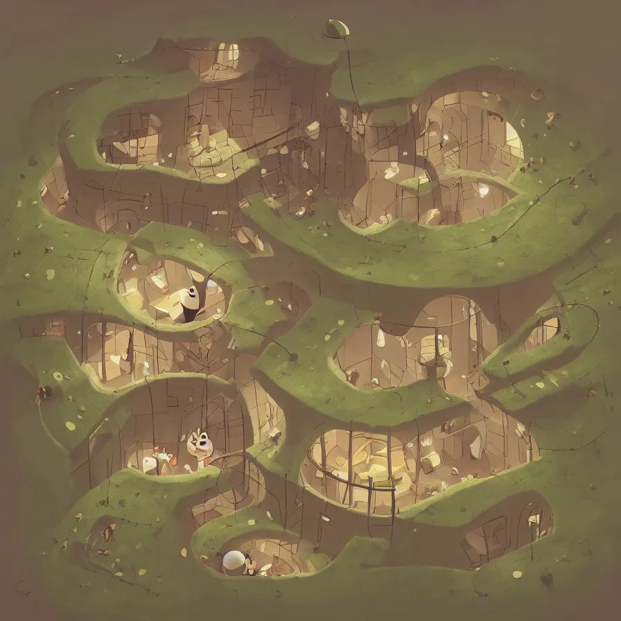 Prompt: Goro Fujita illustrating View of the house of an underground rabbit, with all the labyrinths that communicate with each other, art by Goro Fujita, sharp focus, highly detailed, ArtStation