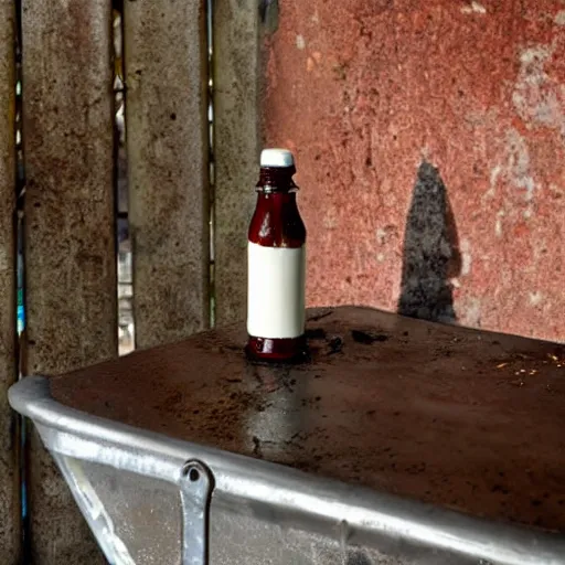 Image similar to bottle of milk, over a rusted metal table inside slaughterhouse