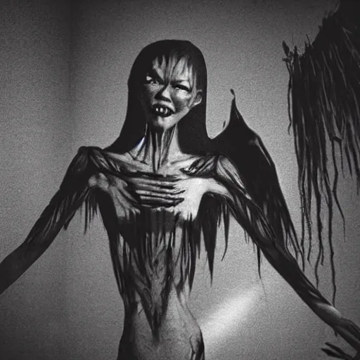 Image similar to a highly detailed realistic photographic render of a manananggal in a dark room being lit by flash light, aswang in a dark room, dark room, dark room night vision, binoculars, night vision, outlast, outlast game, outlast 2, creepy, horror, horror scene, cinematic horror, creepy horror, scary scene, cinematic lighting, cinematic scene, Volumetric lighting, Atmospheric scene, Dark, Horror, Atmospheric lighting, Global illumination, realistic, photo realism, hyper realistic, hyper realism, photo realisitc, cinematic render, film, beautifully lit, ray traced, octane 3D render, octane render, unreal engine