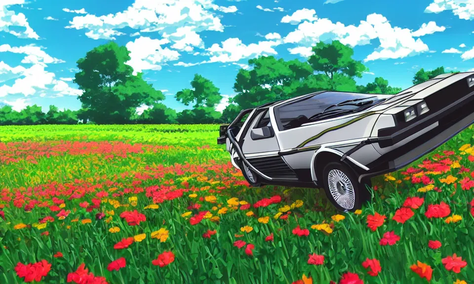 Image similar to a delorean standing in a flower field, anime style