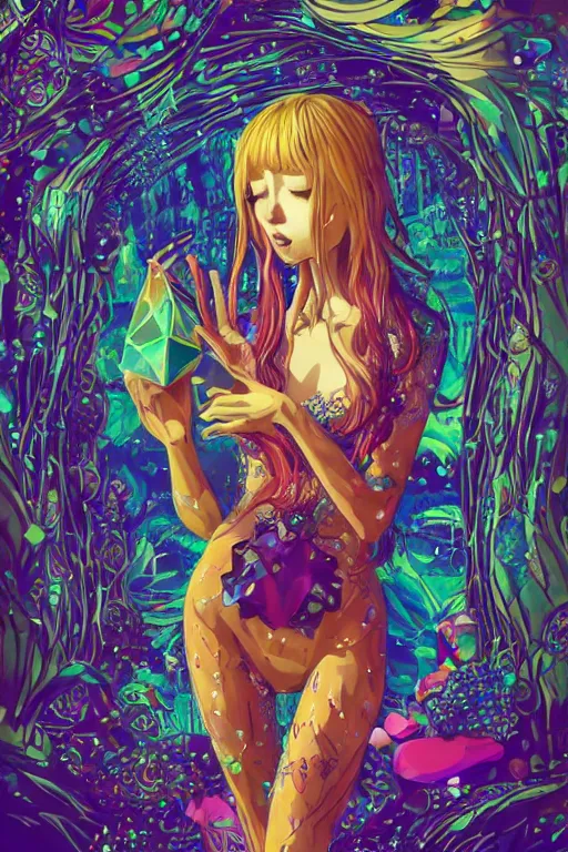 Image similar to acid trip, hall of mirrors, intricate, highly detailed, anime, 4k, a beautiful seductive deer woman holding a crystal containing the universe, with professional makeup, long trippy hair, surrounded by gems, underneath the stars, trending on patreon, deviantart, twitter, artstation, volumetric lighting, heavy contrast, by artgerm and Ilya Kuvshinov and alphonse mucha