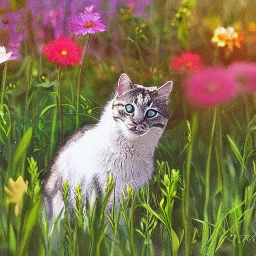 Prompt: cat walking in a flowery field, photorealistic