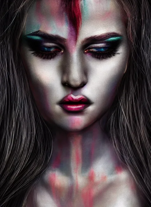 Prompt: hyper realistic, portrait, close - up, make up, dark witch, painting by tom bagshae, smooth, sharp focus