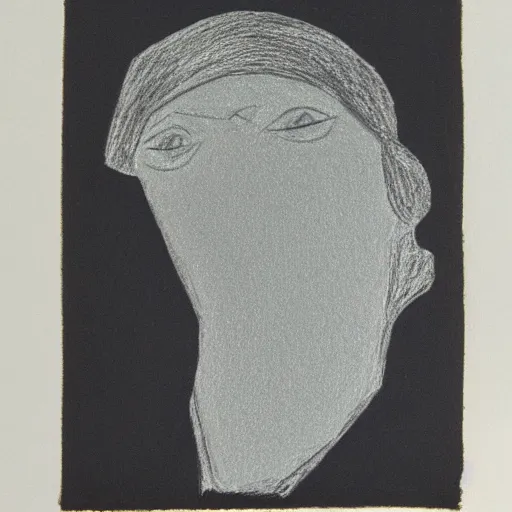 Prompt: portrait of a caring woman as line drawing in pressed black crayon on French light blue paper,slight wove texture