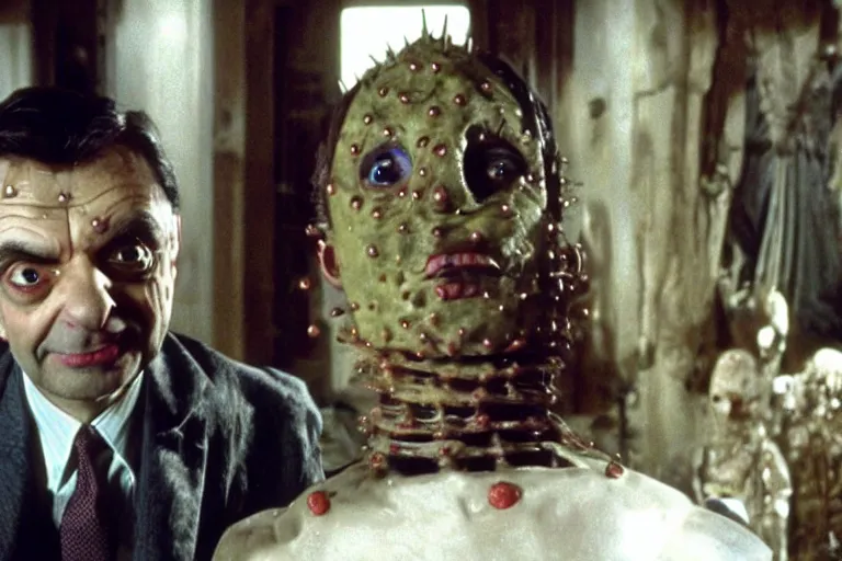 Image similar to VFX movie where Mr. Bean plays Pinhead from Hellraiser production photo