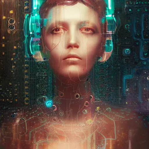 Image similar to female cyberpunk portrait by cy Twombly and BASTIEN LECOUFFE DEHARME, highly detailed circuit boards, led display, iridescent fractal, integrated wiring, high tech