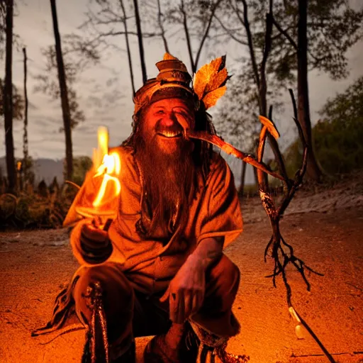 Image similar to hippie tribal hobo witch doctor wearing twigs and leaves smiling sheepishly, campfire, bong, water pipe, highly detailed, dramatic lighting, night time, cinematic, hyperrealistic, detailed, movie still from game of thrones