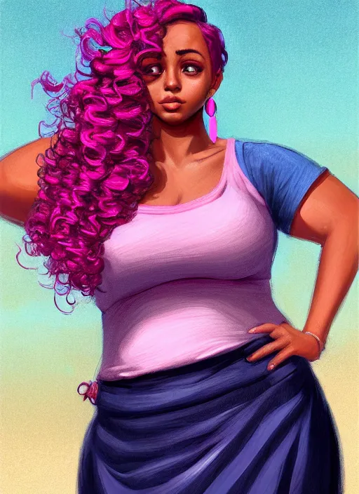 Image similar to full body portrait, teenage vanessa morgan, pink hair, dark skin, obese, curly pixie hair, sultry, realistic, short hair, hoop earrings, skirt, shirt, fat, belly, intricate, elegant, highly detailed, digital painting, artstation, concept art, smooth, sharp focus, illustration, art by wlop, mars ravelo and greg rutkowski