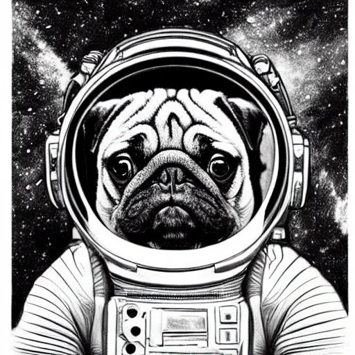 Image similar to pencil art, golden - ratio, spirals, highly detailed, astronaut pug in outer space by davinci.