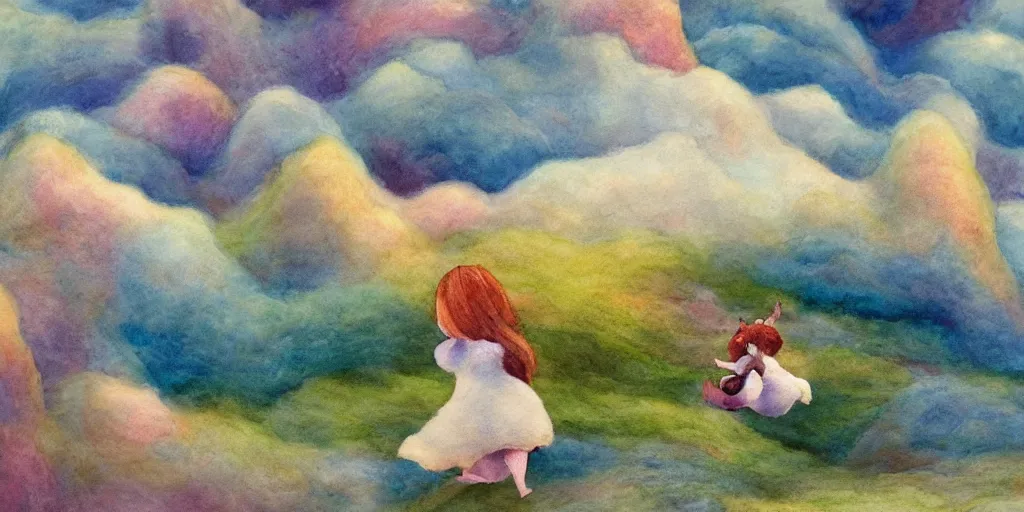 Prompt: A watercolor art of Mumintroll character in shape of wool felting amazing clouds, illustration by Irena Žviliuvienė, book cover, colorful background with mountains, 8k resolution, ultra detailed, matte painting, tarot card style, character design