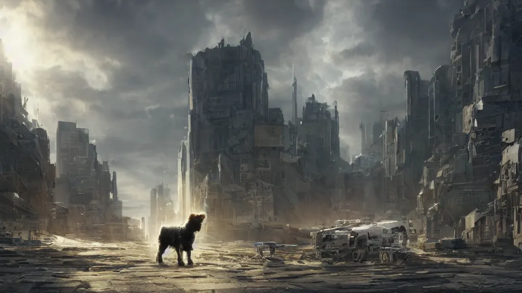 Prompt: Amazing photorealistic digital concept art of a guardian robot resembling a sheepdog in a futurstic city, by James Clyne and Joseph Cross. Cinematic. LED lighting. A bright billowing explosion in the distance. Wide angle. Clean lines.