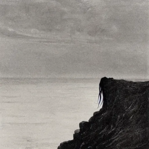 Image similar to A beautiful installation art of a human-like creature with long, stringy hair. The figure has no eyes, only a mouth with long, sharp teeth. The creature is standing on a cliff overlooking a dark, foreboding sea. by Walter Percy Day, by Norman Ackroyd balmy