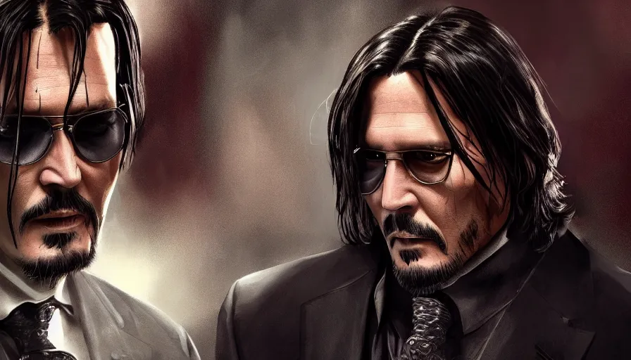 Image similar to Johnny Depp as John Wick, hyperdetailed, artstation, cgsociety, 8k