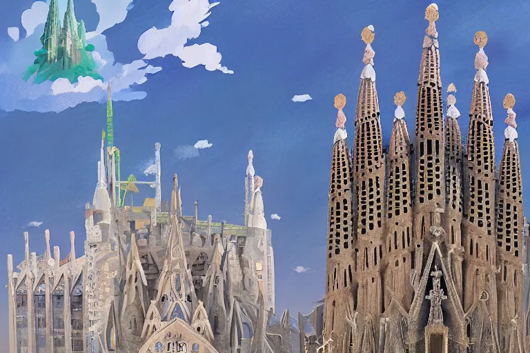 Prompt: basilica de la sagrada familia. 4 k digital paint by studio ghibli hayao miyazaki. very sharp and detailed. trending on artstation and behance.