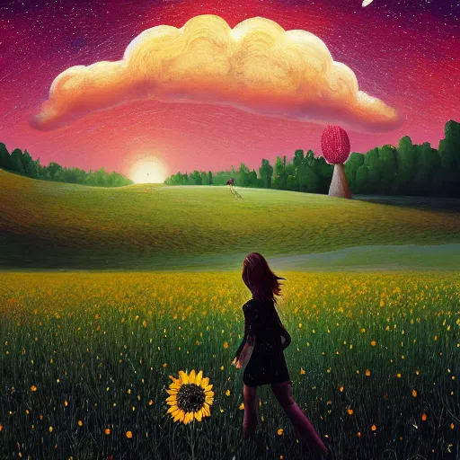 Image similar to giant black daisy flower head, girl walking in wheat field, hills, surreal photography, dark night, star trails, dramatic light, impressionist painting, clouds, digital painting, artstation, simon stalenhag