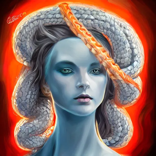 Image similar to character concept portrait of a beautiful woman with pale full face, medusa, with a lot of snakes for hair, blue / grey eyes, elegant, digital painting, art nouveau, smooth, focus, red glow