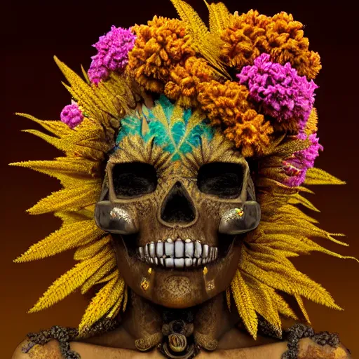 Prompt: a golden skull face african marijuanna shaman with an afro made of flowers, third eye art art by machina infinitum, complexity from simplicity, rendered in octane, mandelbulb 3 d, ambient occlusion, macro photography, felt!!! texture, tribal, retrowave