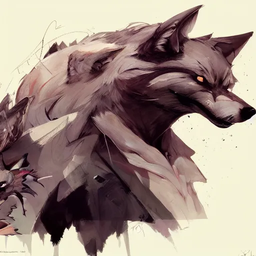 Image similar to concept art of anthropomorphized wolf, highly detailed painting by dustin nguyen, akihiko yoshida, greg tocchini, 4 k, trending on artstation, 8 k