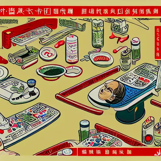 Image similar to chinese surgery operating table, in the style of daniel johnston and outsider art, 8k, line brush, minimal, hard lines, overlaid with traditional chinese adverts