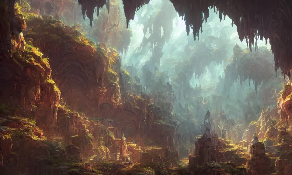 Prompt: massive underground cave civilization, highly detailed, magic fantasy, digital art, keyframe illustration, trending on artstation, andreas rocha, sylvain sarrailh, darek zabrocki, finnian macmanus, dylan cole, liang mark, albert bierstadt, sung choi, peter mohrbacher, greg rutkowski