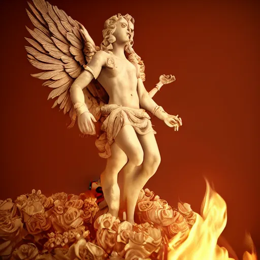 Image similar to fully body image of baroque style ornate warrio angel standing in bed of roses surounded by fire and smoke, moody rim light, dynamic lighting, cinematic shot, ultra detail, renderman, physically based render