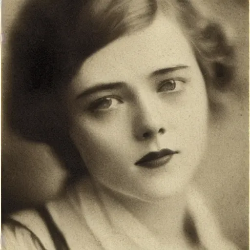 Image similar to headshot edwardian photograph of elle fanning, scarlett johansson, 1 9 2 0 s film actress, realistic face, 1 9 1 0 s, grainy, victorian, detailed, soft blur