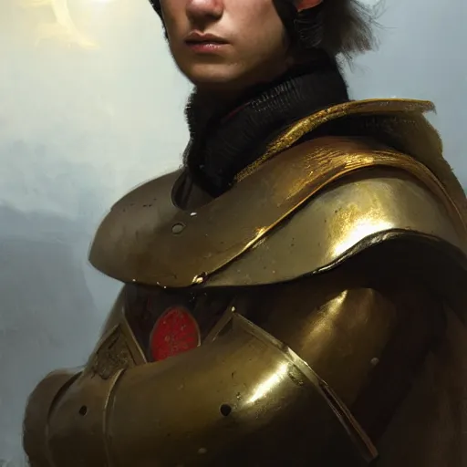 Prompt: Medium closeup young idealistic and pious homely male Imperial soldier wearing a black tabard with light yellow accents over a gambeson and a small!!! barbut helm, by Raymond Swanland Greg Rutkowski Lise Deharm, {perfect face}, {perfect eyes}, {uncertain look}, {on edge}