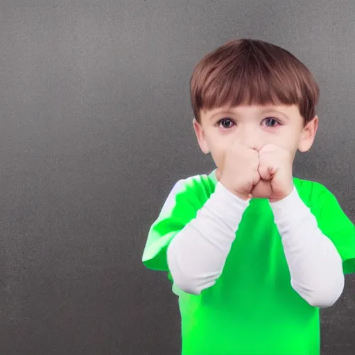 Prompt: small 3 year old boy in a white shirt with green sleeves holding a fist with crumpy look