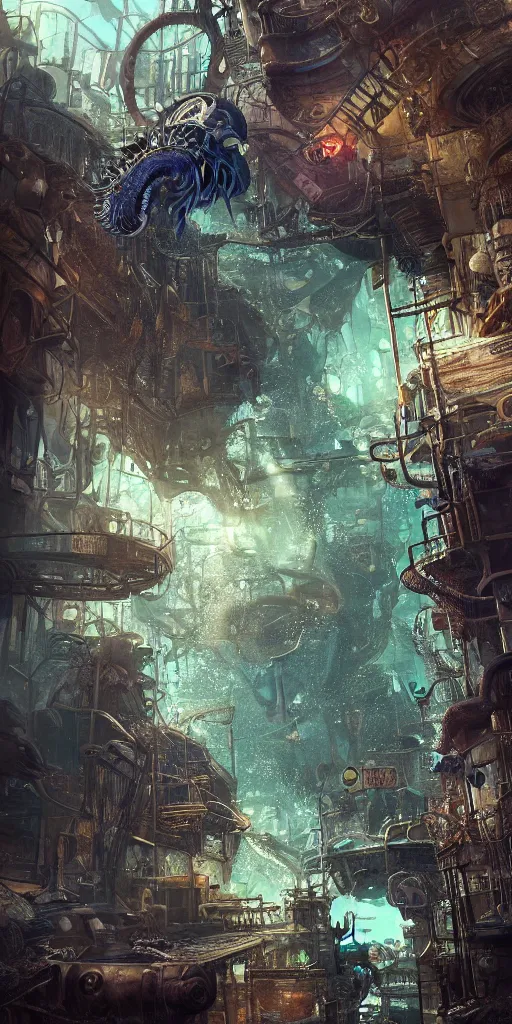 Image similar to a seafloor view of a seahorse swimming on the street corner of the steampunk city of Atlantis by Cedric Peyravernay, highly detailed, full view of seahorse, excellent composition, cinematic concept art, dramatic lighting, trending on ArtStation