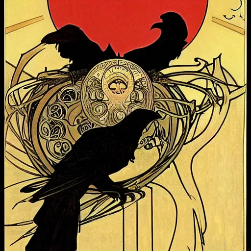 Prompt: a black raven in front of the red moon by alphonse mucha
