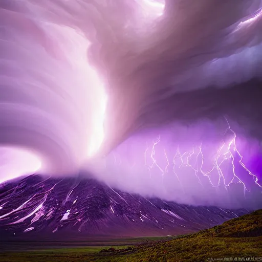 Image similar to amazing photo of purple clouds in the shape of a tornado by marc adamus, digital art, beautiful dramatic lighting