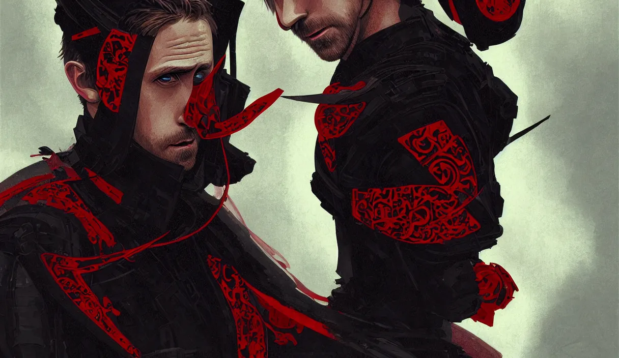 Image similar to portrait ninja ryan gosling, black red color ninja wardrobe, in ruined yasukuni shrine, sci - fi and fantasy, intricate and beautiful and elegant, digital painting, artstation, concept art, smooth and sharp focus, illustration, art by tian zi and wlop and alphonse mucha