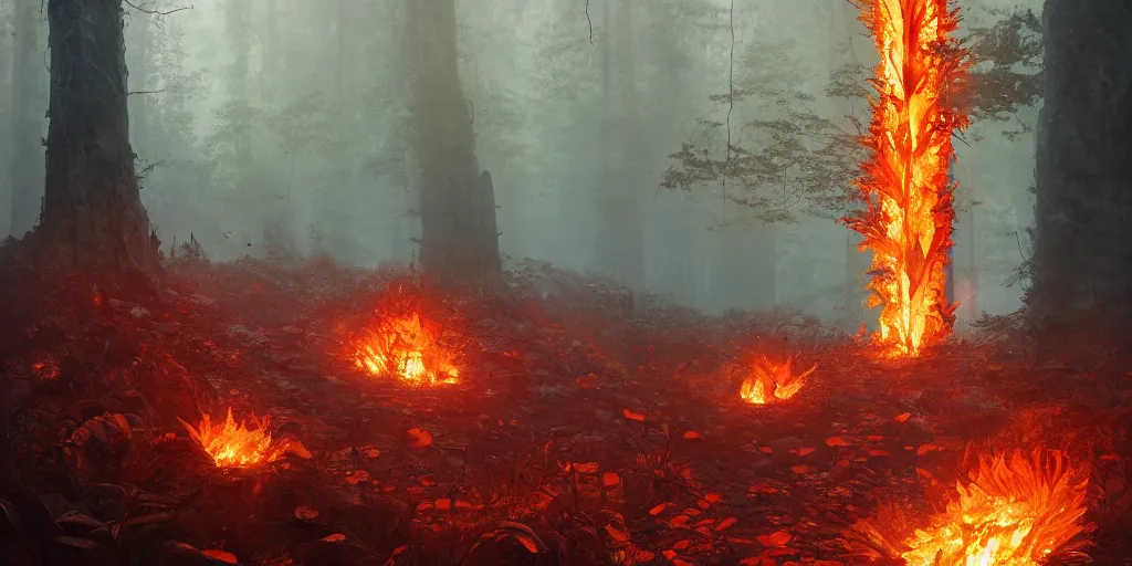 Image similar to A flaming forest , flaming leaves,Magma,flame stones are scattered, flame ferns, flame shrubs, huge flame Fantasy plant,covered in flame porcelain vine, artstation,by Jakub Rozalski, Greg Rutkowski,anthony avon