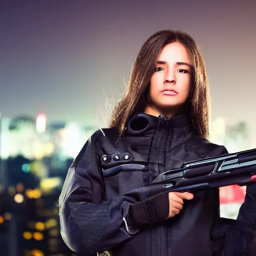 Image similar to photographic portrait of a techwear woman holding a shotgun, closeup, on the rooftop of a futuristic city at night, sigma 85mm f/1.4, 4k, depth of field, high resolution, 4k, 8k, hd, full color, Die Hard, movies with guns, movie firearms