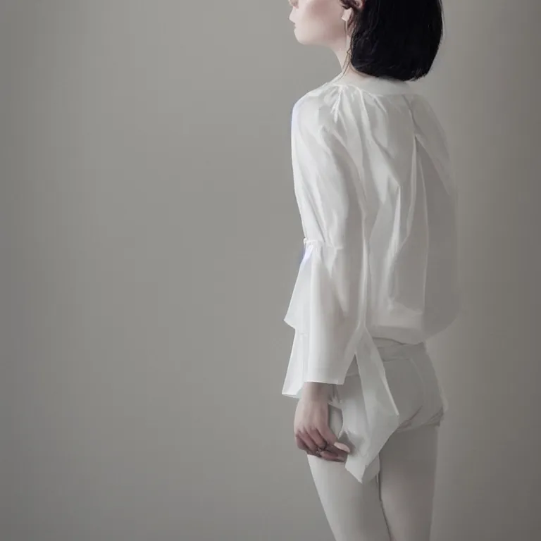 Image similar to hitch dreise blouse in a white room, beautiful face, pale skin, rule of thirds, cinematic lighting, rainy weather, melancholy atmosphere, sharp focus, backlit, stunning, model agency, smooth, hard focus, full body shot, instagram photo, shot on iphone 1 3 pro max, hyper realistic,