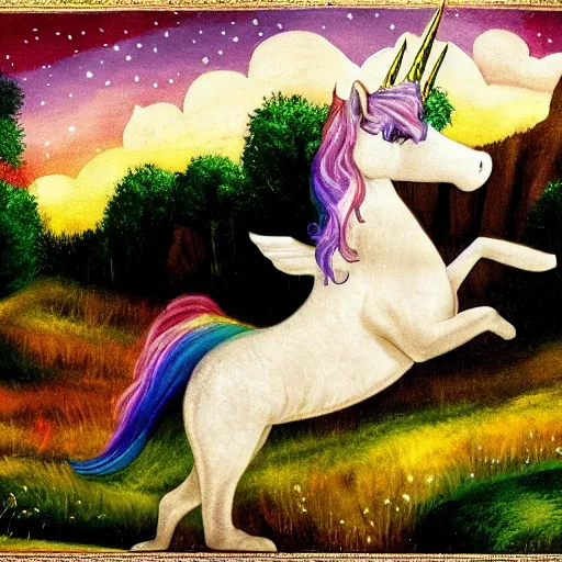 Image similar to dream : a fabulous landscape, a magical unicorn. a boy is sitting astride him. a cat is lying