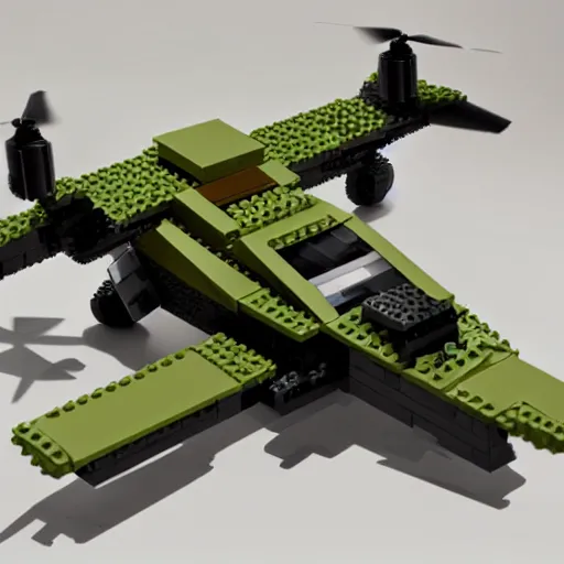 Image similar to a military drone made of legos, realistic photography, high detailed