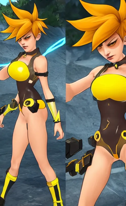 Image similar to tracer game character, in yellow bikini, blonde hair, black eyes, full height