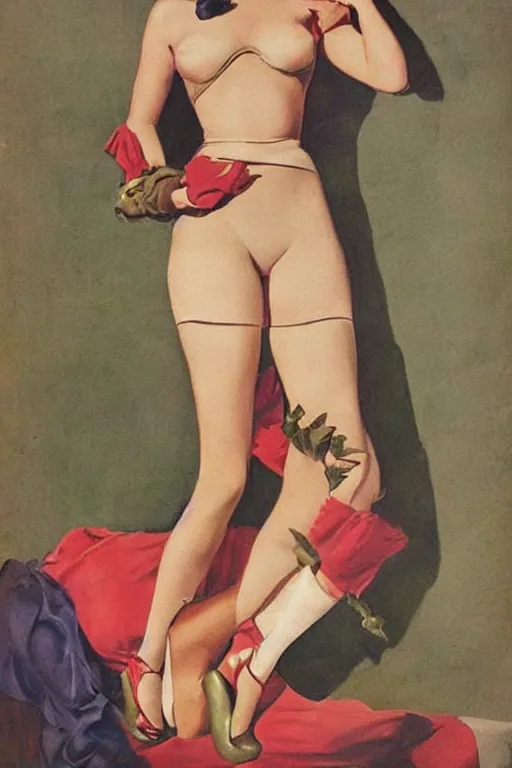 Image similar to a portrait one full body pin up post war dressing a military unioform,garden backgound Gil Elvgren style,center composition,anatomic correct