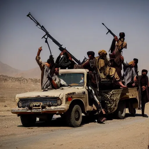 Image similar to the taliban riding on top of tow mater with mounted machineguns, photojournalism photography