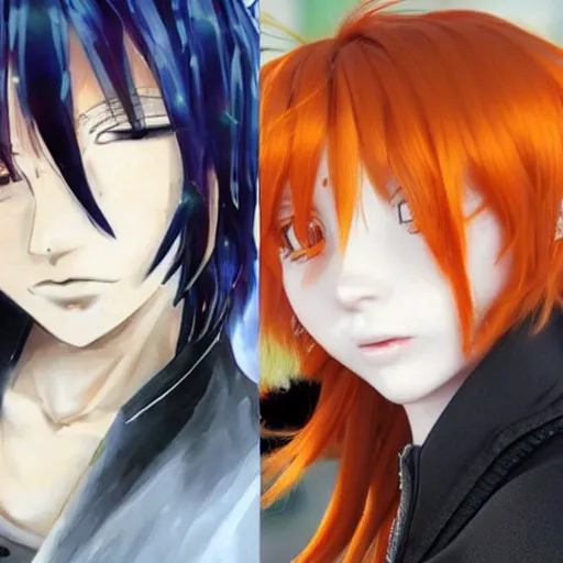 Image similar to orange - haired anime boy, 1 7 - year - old anime boy with wild spiky hair + 1 7 - year - old pale - skinned persian girl with black hair long bob cut, long bangs, black gothic jacket, ultra - realistic, sharp details, subsurface scattering, blue sunshine, intricate details, hd anime, 2 0 1 9 anime