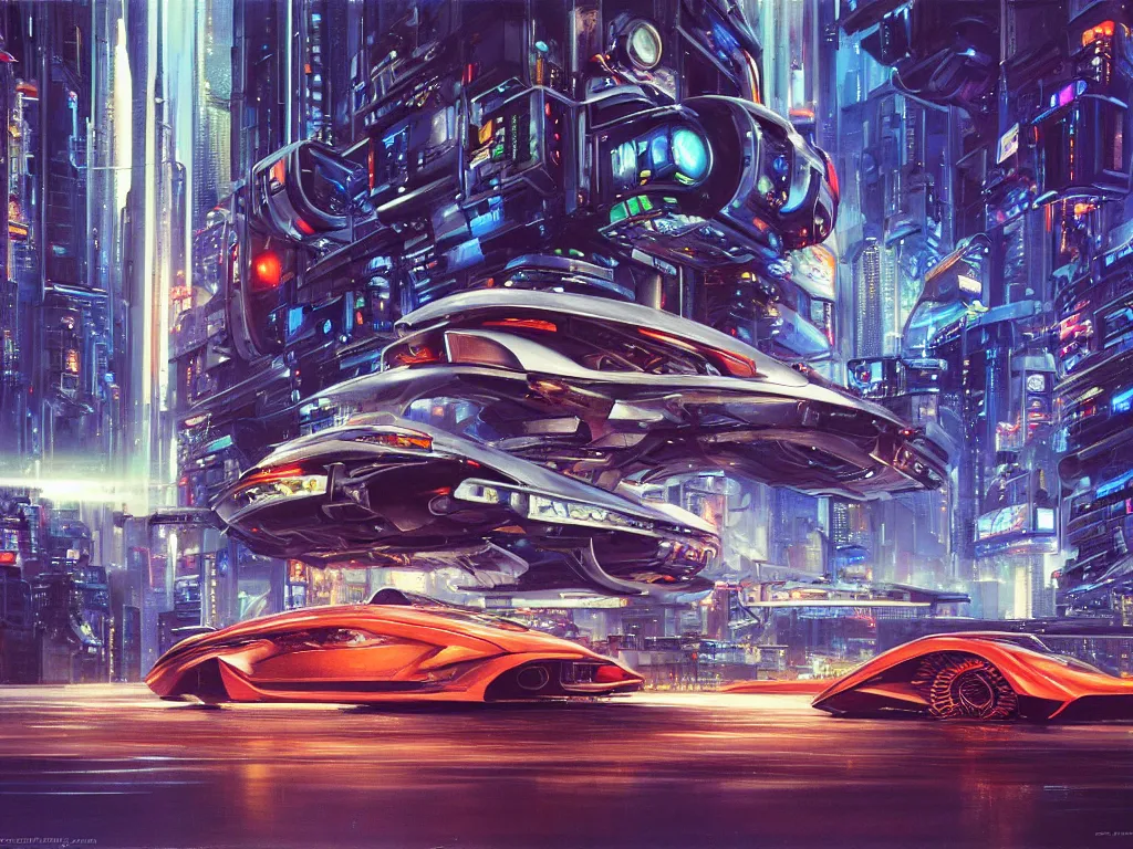 Prompt: hyperrealistic painting of a slice of life from a futuristic city, mechanical designs, futuristic vehicles, technological, detailed engineering, night, vivid color, elegant, meticulous, cinematic, cyberpunk style, highly detailed!, realism, intricate, acrylic on canvas, 8 k resolution, concept art, by noriyoshi ohrai, john berkey, moebius