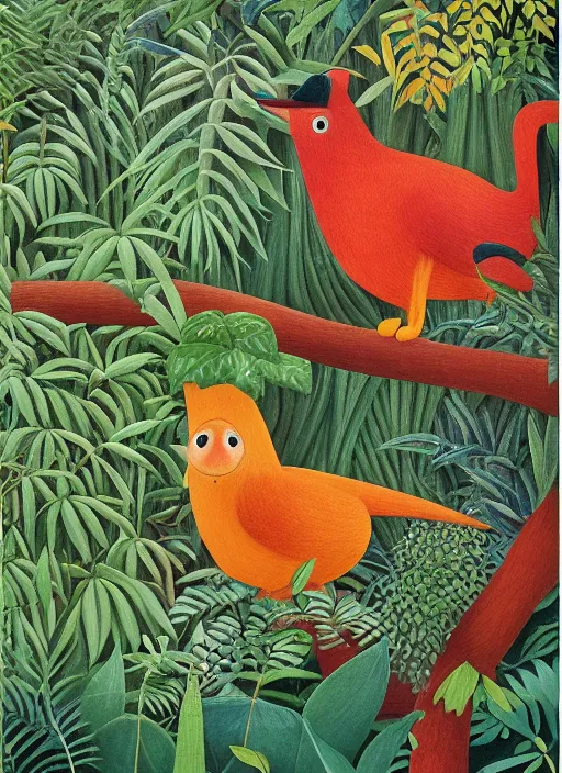 Image similar to rare bird in the jungle, highly detailed, style of henri rousseau and richard scarry and hiroshi yoshida